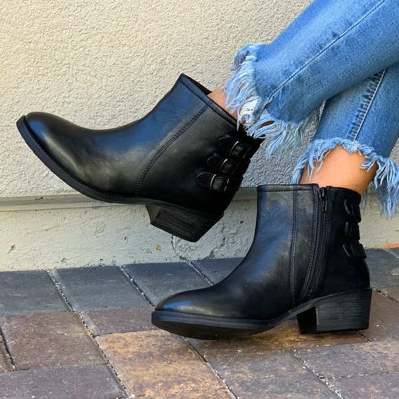 Black Leather Distressed Triple Buckle Ankle Boots - Picture 2 of 8